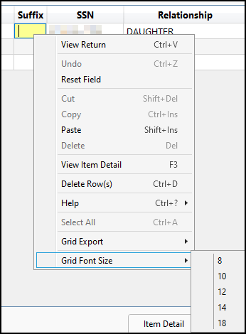 Image of Grid font size drop list 